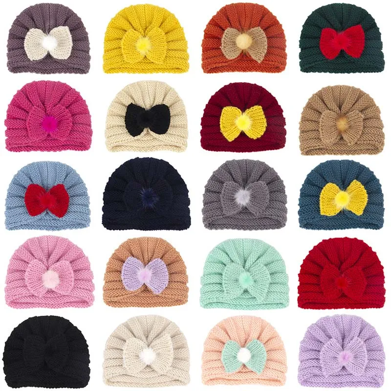 

New Woolen Knitted Warm Hat for Newborn Infant Turban Crochet Knit Beanie Fur Bowknot Hat Baby Toddlers Solid Pullover Hat Cap