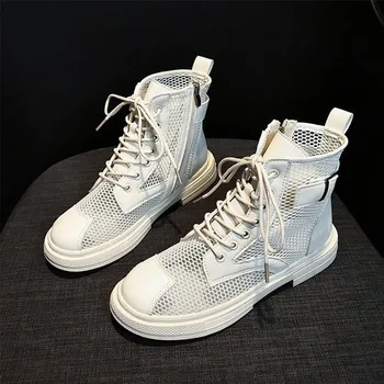 

Women Boots Ankle Mesh Breathable PU Leather Lace Up Zipper Ankle Ladies Shoes Summer Autumn Woman Fashion Shoe Casual Flats
