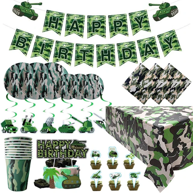 Décorations de fête à thème de Camouflage vert armée, vaisselle, gobelets,  assiettes, serviettes de table, bannières, fournitures de fête prénatale