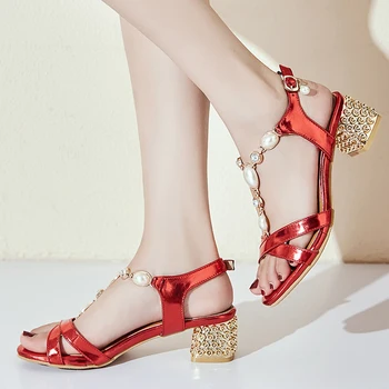 

AGODOR Summer Shoes Women Sandals Pearl Chunky Heels Wedding Shoes Buckle Open Toe T-Strap Sandals Ladies Red Sliver Size 33-43