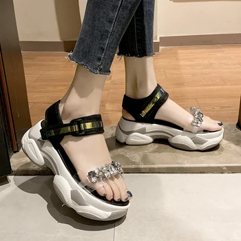 

6cm/2.3 inch Height Women's Wedge Sandals Summer Slippers Thick Bottom Flat Platform Rhinestone