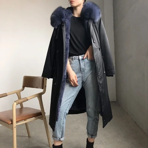black blue Женская зимняя куртка OFTBUY, с натуральным лисьим мехом на воротнике и капюшоне и съемной подкладкой из кроличьего меха, роскошная длинная парка - Цвет: black blue