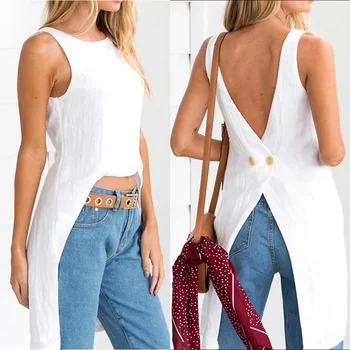 

Celmia Vintage Asymmetrical Top Women's Sleeveless Blouses Sexy Back V-neck Casual Long Shirt Buttons Solid Blusas Clothes 5XL