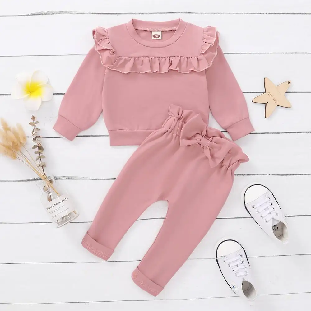 

Toddlers Kids Girl Clothes 12 18 Months Fall Baby Outfits Pink Long Sleeve Shirt Top + Ruffled Pants 2PCS Sets