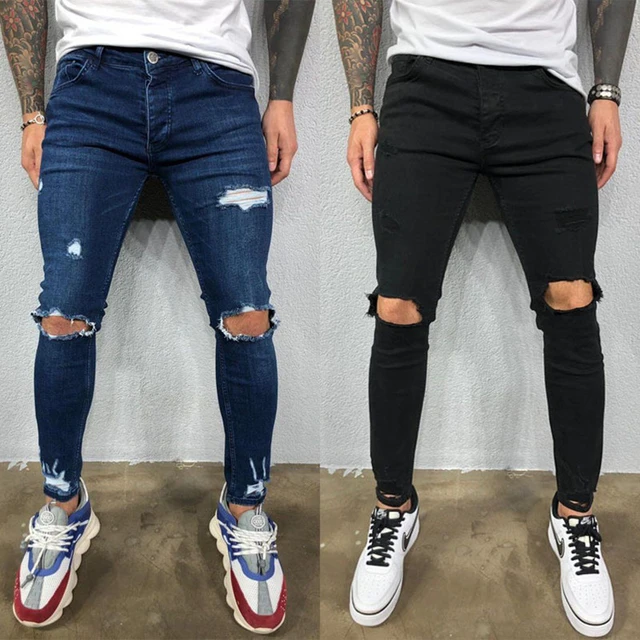 Pantalones vaqueros rasgados con en la rodilla para hombre, Jeans ajustados de estilo callejero azul negro, elásticos, deshilachados, informales, motorista - AliExpress