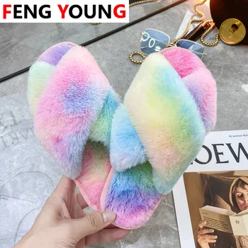 

2020 House Slippers Winter Fashion Women Home Slippers Warm Shoes Woman Slip on Flats Silk Bowtie Ladies Fur Slides