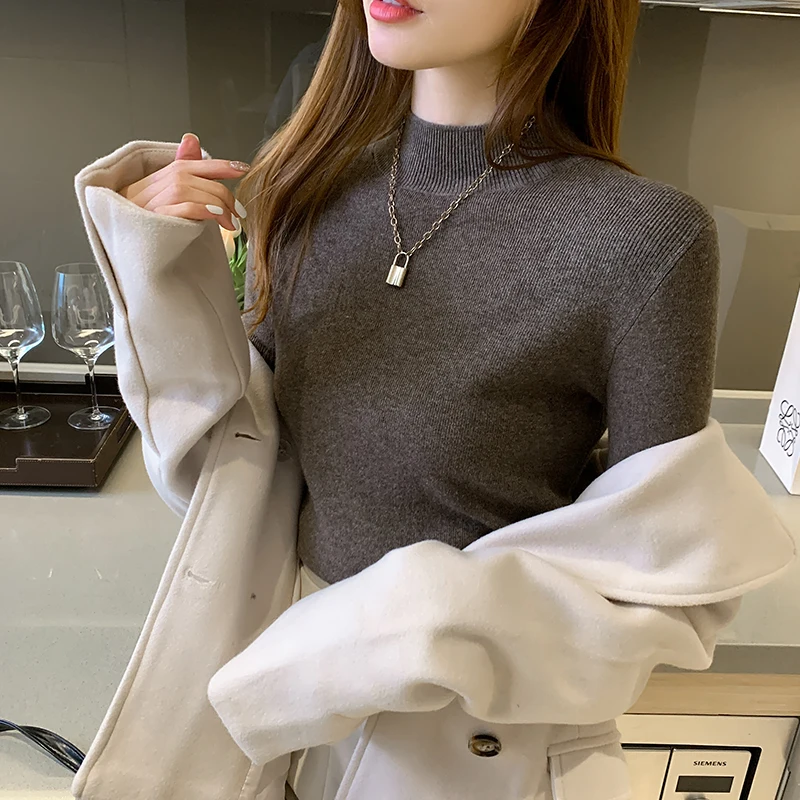 

New elegant Women's Autumn and Winter sweater 2021 Slim Black White Long Sleeve Collar and Bottom Knitwear sweater female 1329
