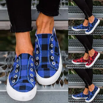 

Women Shoes Student Casual Canvas Breathable Single Shoes Plaid Flat Sneakers Fashion Female Comfort Sports Shoes Plus Size 43