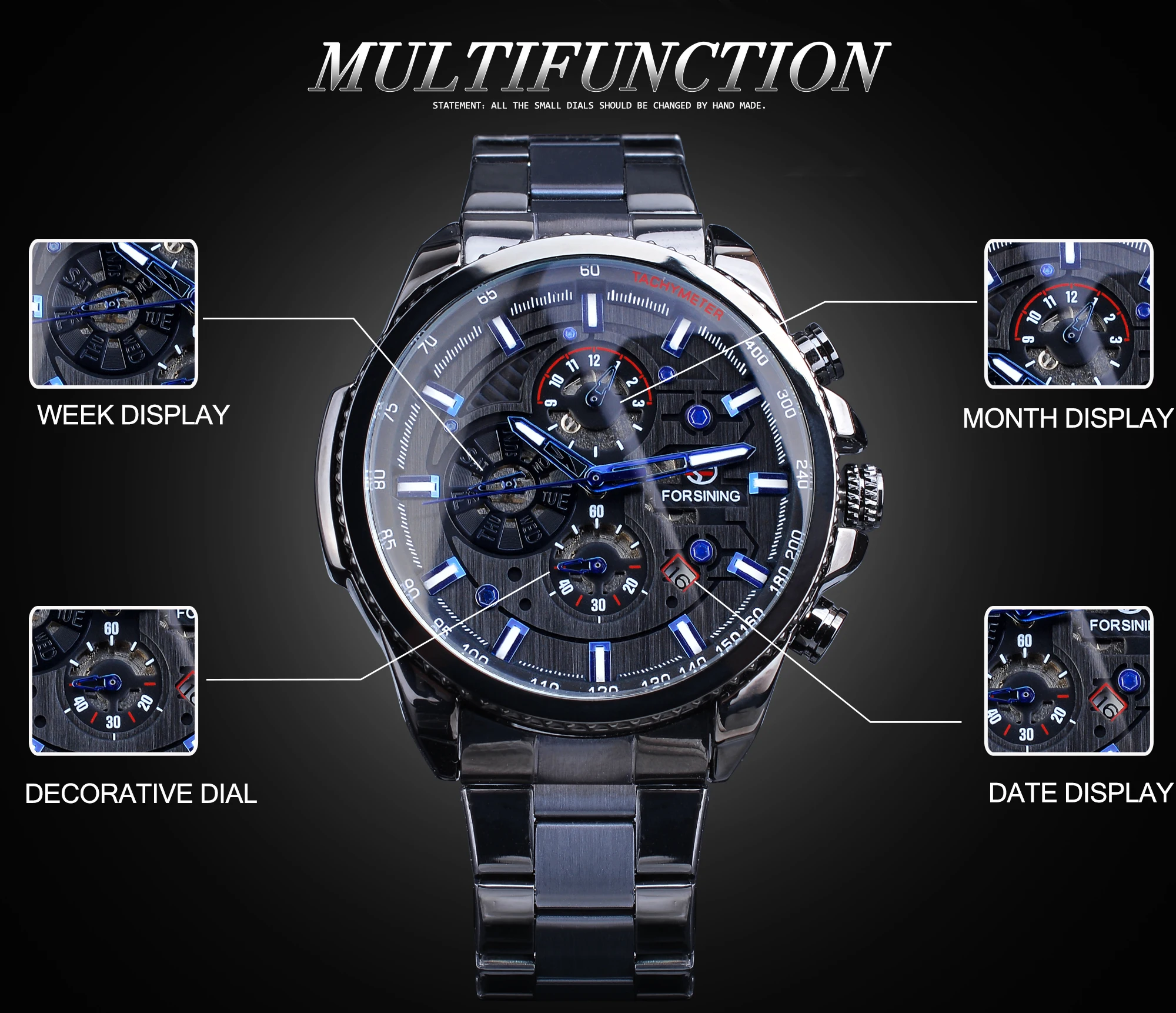 Forsining Orologio da polso meccanico impermeabile da uomo con 3 quadranti, stile sportivo, automatico, da uomo, per esterni, in acciaio, con calendario nero._voghion.com