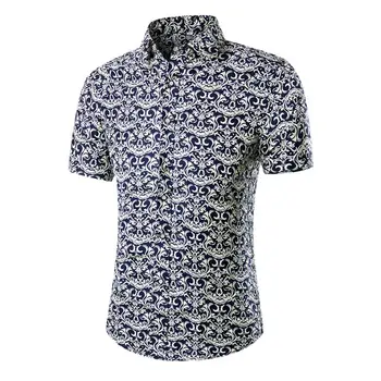 

Plus Size Summer Vintage Men Turn Down Collar Short Sleeve Shirt Slimed Fit Top