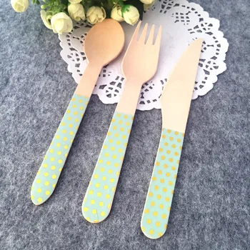 

36pcs Mint with Foil Gold Polka Dot Cutlery Wooden Spoon Fork Knife Disposable Dinner Party Decor Utensils for Wedding Birthday