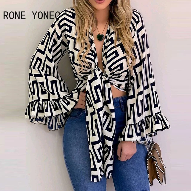 Blusa corta informal con mangas para mujer, blusa Sexy con estampado de encaje para mujer|Blusa| - AliExpress