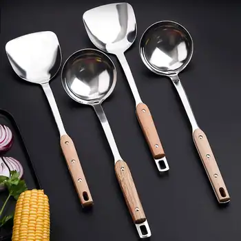

High Quality Large Spoon Stainless Steel Spatula Wooden Handle Insulation Large Spoon Household Kitchen Tableware Tool ztou ztou