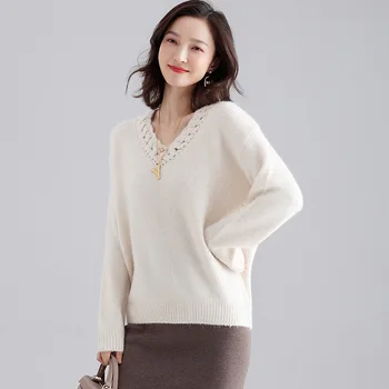 

2019 Autumn and winter Urban leisure sweater new v-neck handmade knitted sweater shoulders fall lazy sweater women F2915