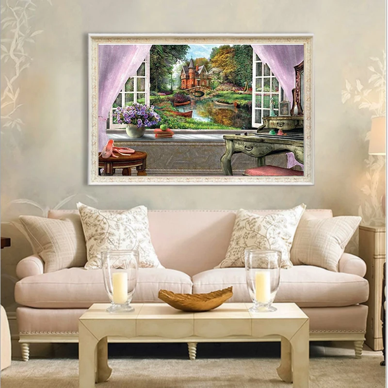 5D DIY Full Square Drill Diamond Painting Scenery Water Castle Window Daimond Mosaic Diamant Embroidery Wedding Room Decoration