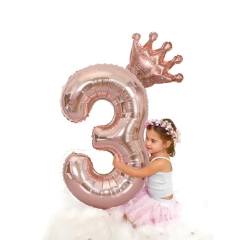 Globos de cumpleaños de 3 años 1er globo de cumpleaños corona número globo de papel de aluminio de oro rosa decoración de feliz cumpleaños niños niñas 40 pulgadas