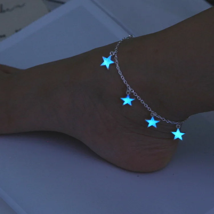Светящиеся в европейском и американском стиле; пляжные голубого цвета пятиконечной звезды, с кисточками, с цепочкой на щиколотке; светящаяся звезда браслет на щиколотку; орнамент