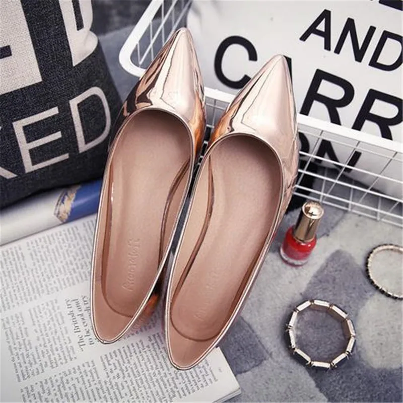 Women Loafers Flat Heel Pointed Toe Flat Shoes Japanned Leather Silver Single Shoes Patent Leather Size 33-43