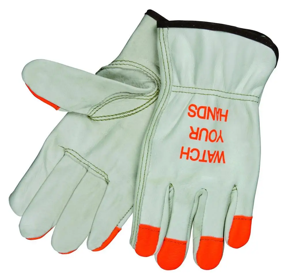

KIM YUAN Industries Hi Vis Leather Work Gloves (Watch Your Hands - Orange Tips)
