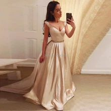 Элегантные атласные трапециевидные платья для выпускного вечера цвета шампанского с открытыми плечами Стразы длина до пола Шикарные Вечерние Выпускные платья с карманами дешево