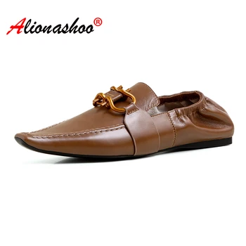 

Soft Women Loafers metal decoration genuine leather shoes women black brown women casual shoes Chaussures femme size 34-40