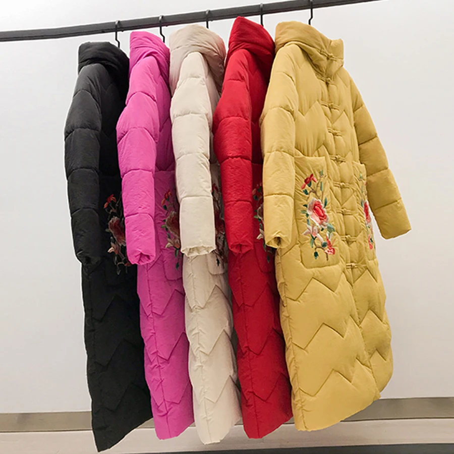 Китайский стиль Вышивка Длинные пуховики женские однотонные Цветочные Плюс размер с капюшоном парка пальто женские толстые теплые свободные зимние пиджаки