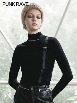 

PUNK RAVE Irregular High Collar Hollow Slim High Collar T-shirt Female Head Hanging Sensation Ins Long-sleeved Shirt Autumn