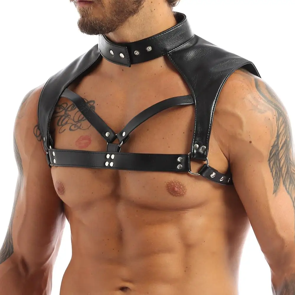 iEFiEL Men Faux Leather Adjustable Wetlook Body Chest Harness Bondage Costume with Choker Neck Press Buttons for Nightclub Party