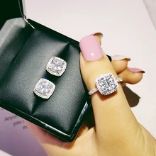 Твердая 925 пробы Серебряная Подушка с цирконием cz комплект ювелирных изделий обручальное кольцо серьги-гвоздики для свадьбы для женщин подарок J1099