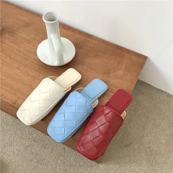 

Slippers Casual Low Shoes Cover Toe Slides Luxury Square Soft Flat Fabric Fashion Hoof Heels Basic Rome PU Rubber Square Toe