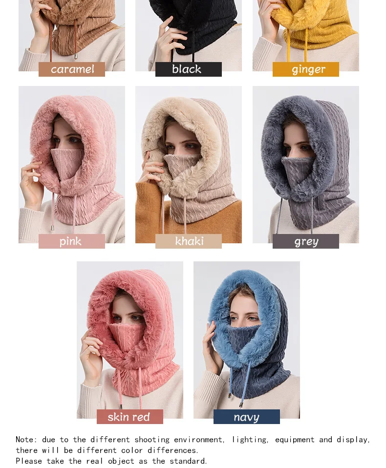 Winter Fur Cap Mask Set Hooded for Women Knitted Cashmere Neck Warm Balaclava Ski Windproof Hat Thick Plush Fluffy_voghion.com