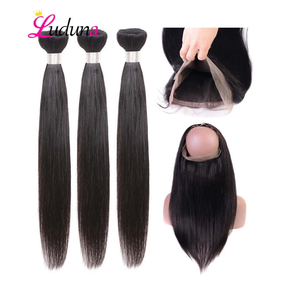 

Luduna 360 Lace Frontal With Bundle Peruvian Straight Hair Weave Bundles 3 Bundles With Frontal Closure Remy Human Hair