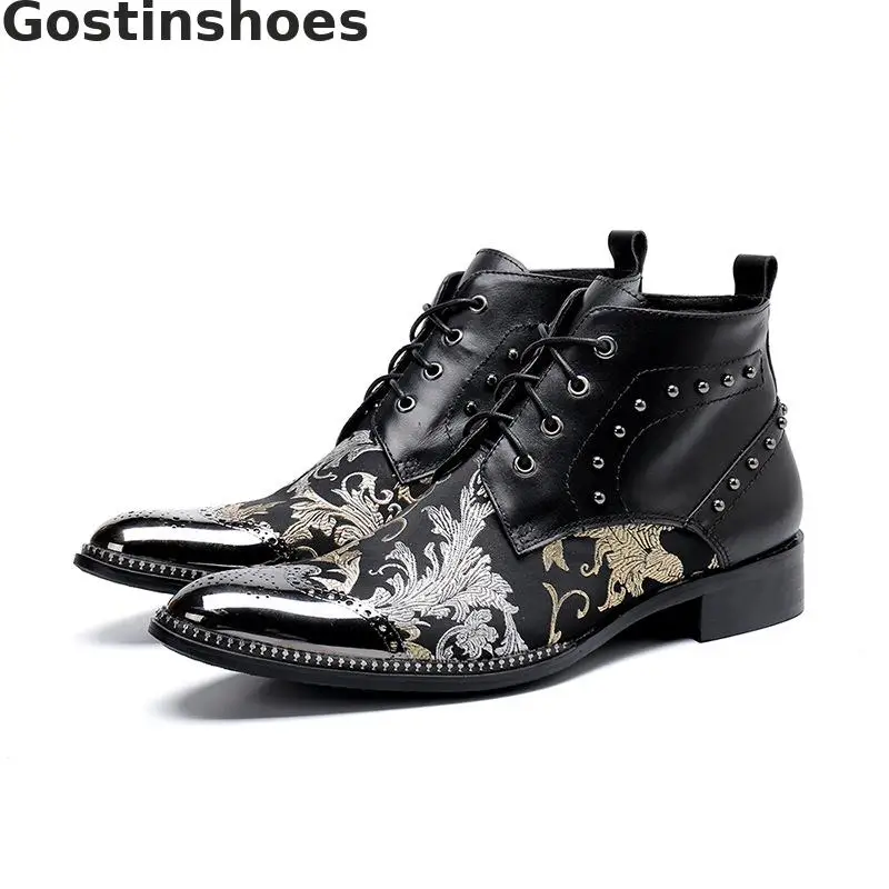 

Fashion Men Winter Boots Black Genuine Leather Lace-up Printed Short Ankle Boots Metal Cap Toe Pointed Rivets Men Boots