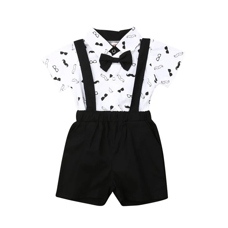 Toddler Baby Boy 2PCS Suit Wedding Bowtie Gentleman Romper Shorts Bib