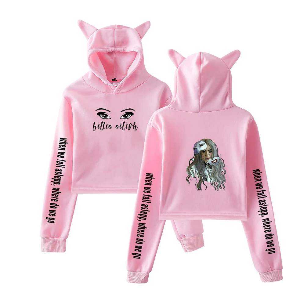 Толстовка в стиле хип-хоп Billie Eilish, женский милый топ, худи для девочек, Дамский модный пуловер, короткое худи с кошачьими ушами, толстовка