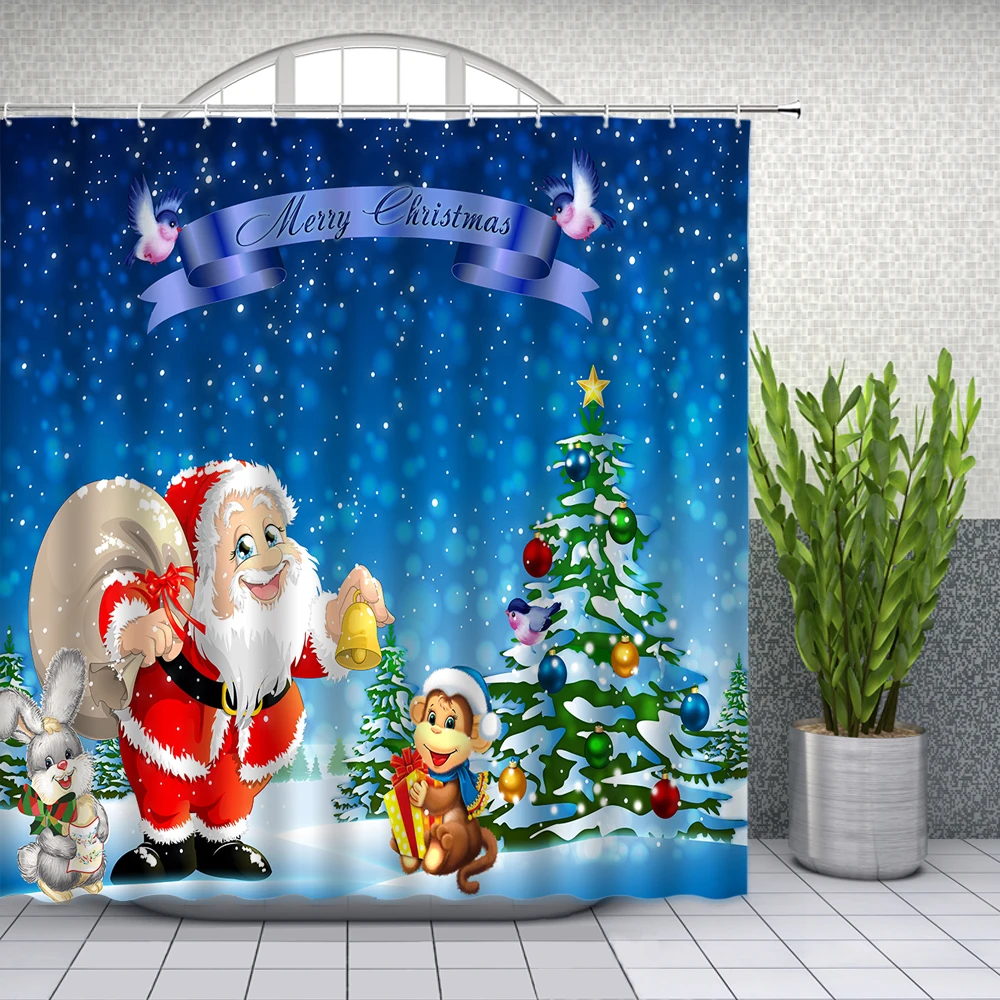 

Merry Christmas Tree Santa Claus Shower Curtains 3d Bathroom Curtains Decoration Waterproof Fabric With Hooks Bath Screen