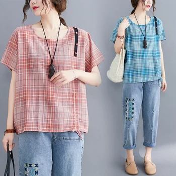 

Women Cotton And Linen Plaid Lace Up Tops And Tshirt Pink Blue Loose Retro Short Sleeve Korean Style Woman Oversized T Shirt