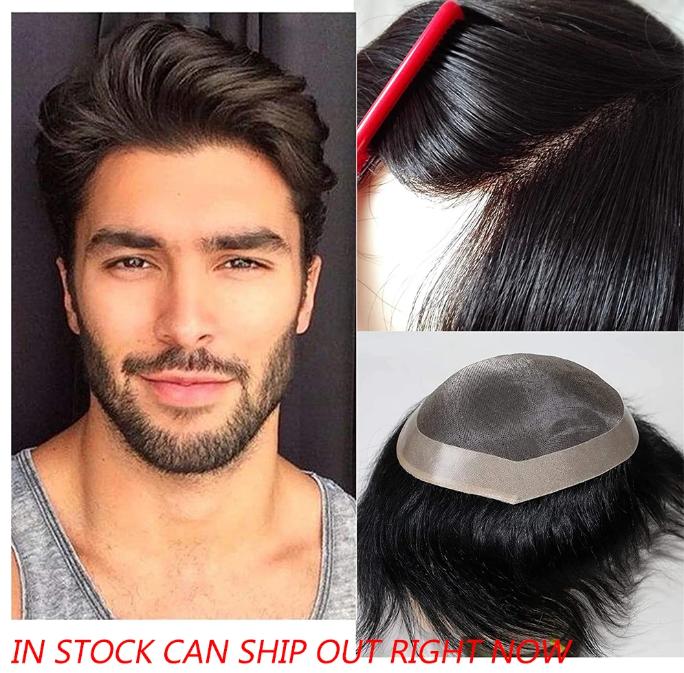 Tupé para hombre, tupé de pelo humano Mono para hombre, pieza de cabello de piel de polietileno, sistema de cabello duradero 1BColor 6 pulgadas, disponible
