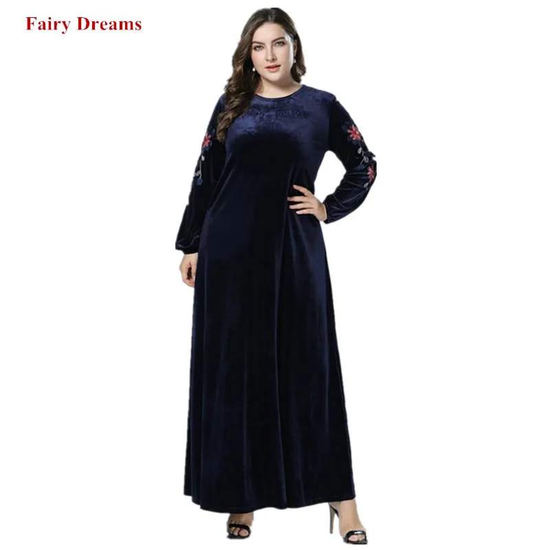 Moslim Abaya Dubai 2018 Dark Blue Velvet Embroidery Long Sleeve Muslim Dress Kaftan Islamic Clothing Plus Size Maxi Dresses 4XL |