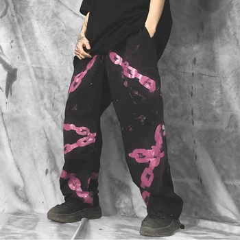 

Chain Printed Pants Mens Hip Hop Straight Pant New Casual Drawstring Loose Fit Pants Swag High Streetwear Male Trousers 0906