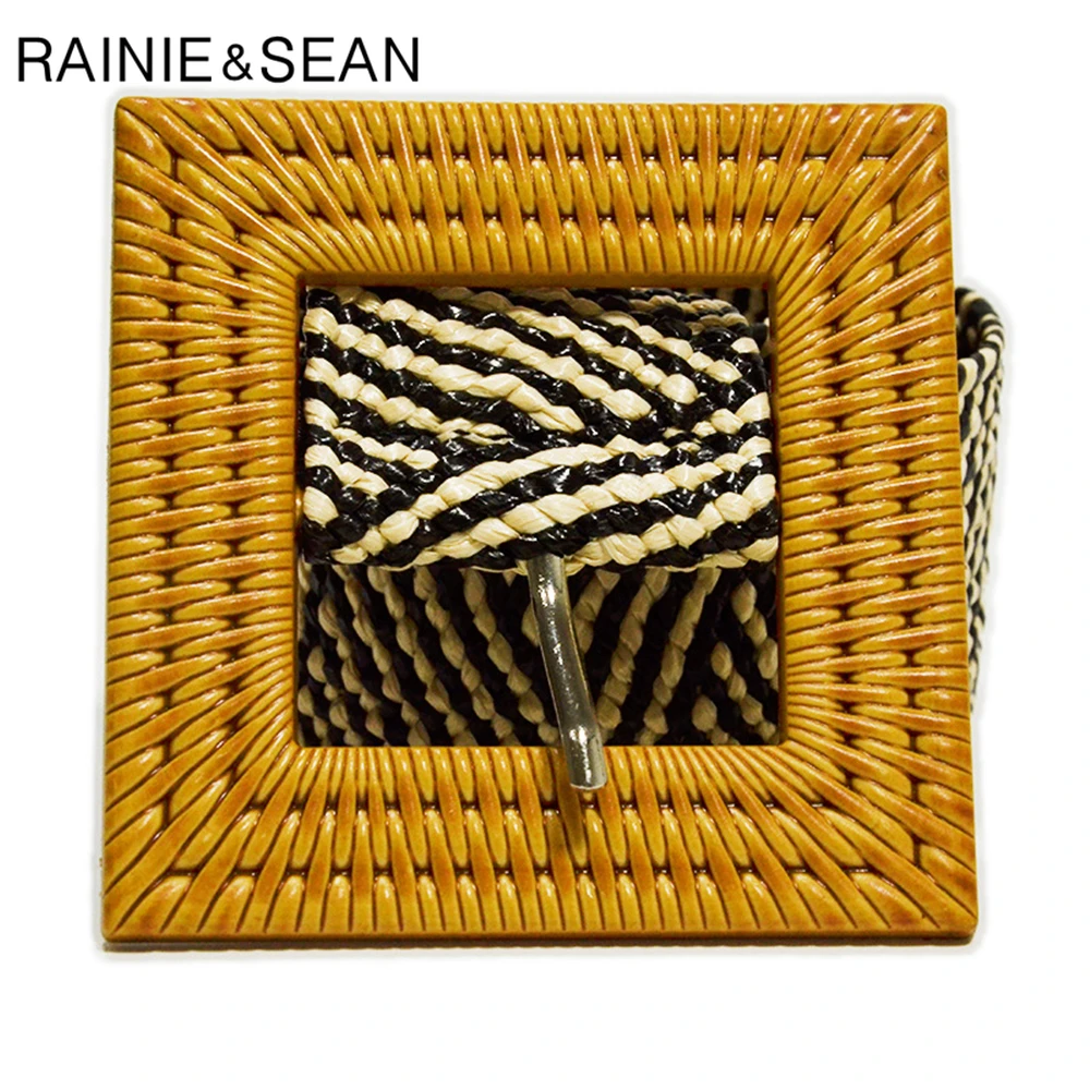 RAINIE SEAN Knitted Women Belt Vintage Ladies Belts for Dresses Female Black Brown Wide Big Square Buckle Braided Belts