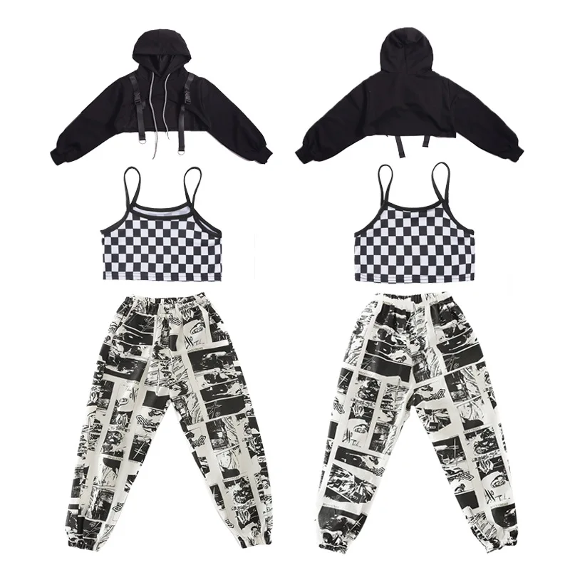 Kid Hip Hop Clothing Black Hoodie Sweatshirt Crop Top Long Sleeve Shirt Streetwear Print Jogger Pants for Girls Dance Costume