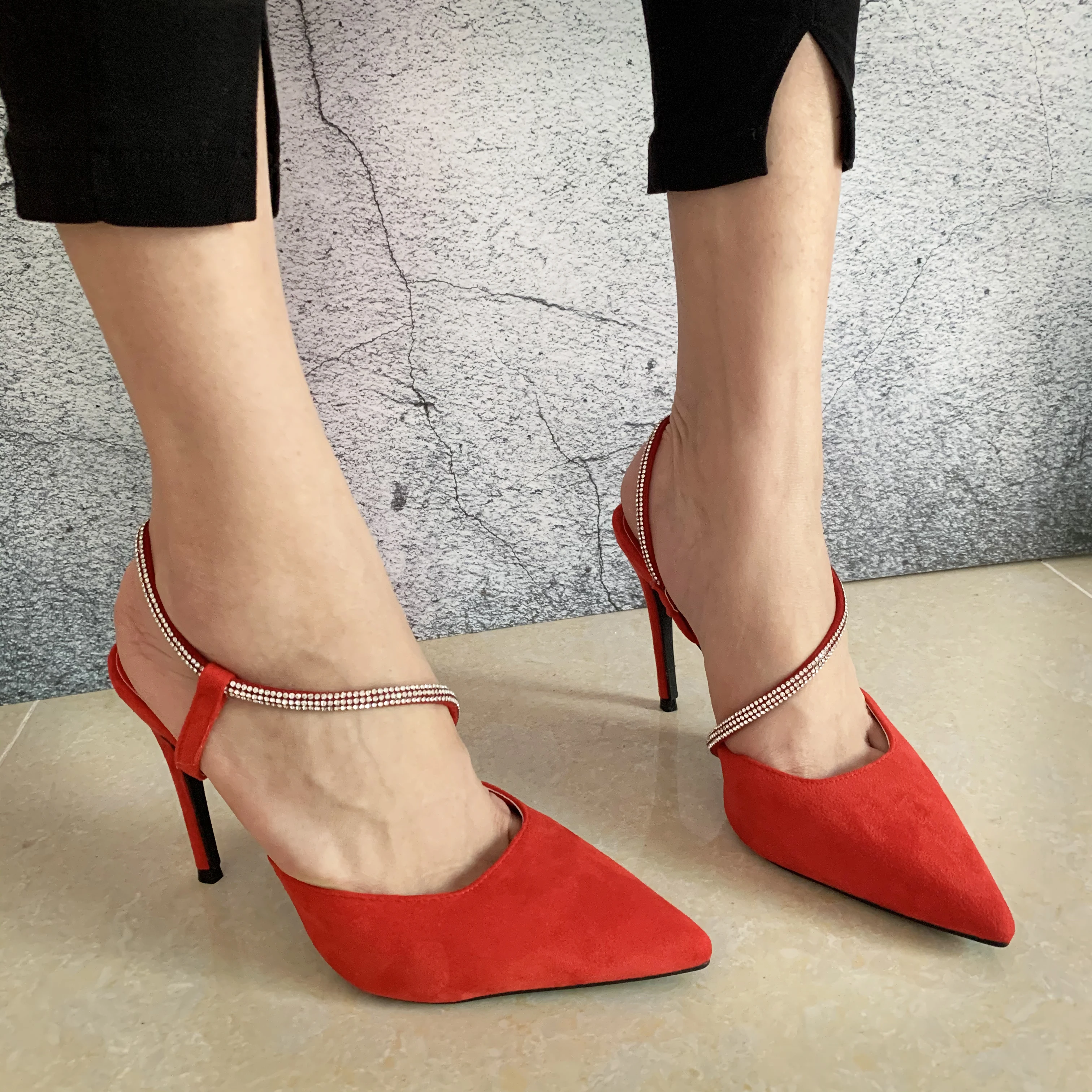 

2020 New Fashion Women's Pointed-Toe High Heels Ladies Sandals Suede Set with Rhinestone Ankle Strap Sexy Stiletto Work 
