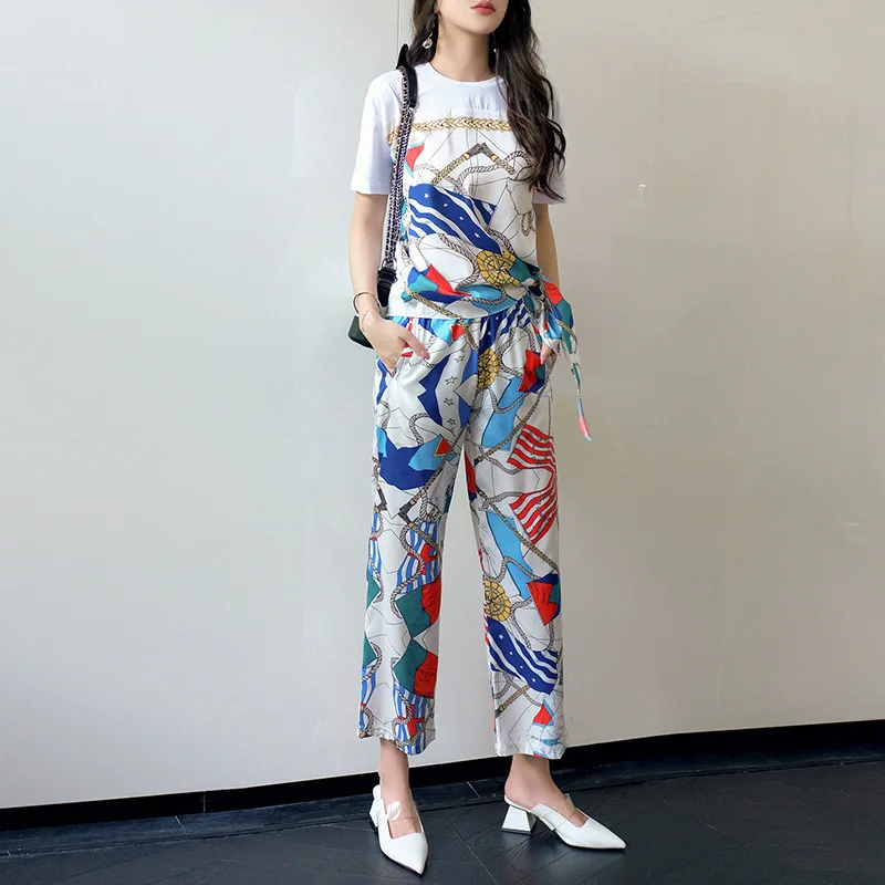 

WOMEN'S Dress 2019 Summer New Style France Non-mainstream Chain Printing Short-sleeved T-shirt + Loose Pants Fashion Set Fashion