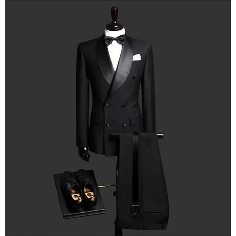 На заказ, приталенный черный двубортный костюм из 2 предметов, Мужской Блейзер, мужские свадебные костюмы, смокинги для жениха для мужчин(пиджак+ брюки+ Бант - Цвет: as picture