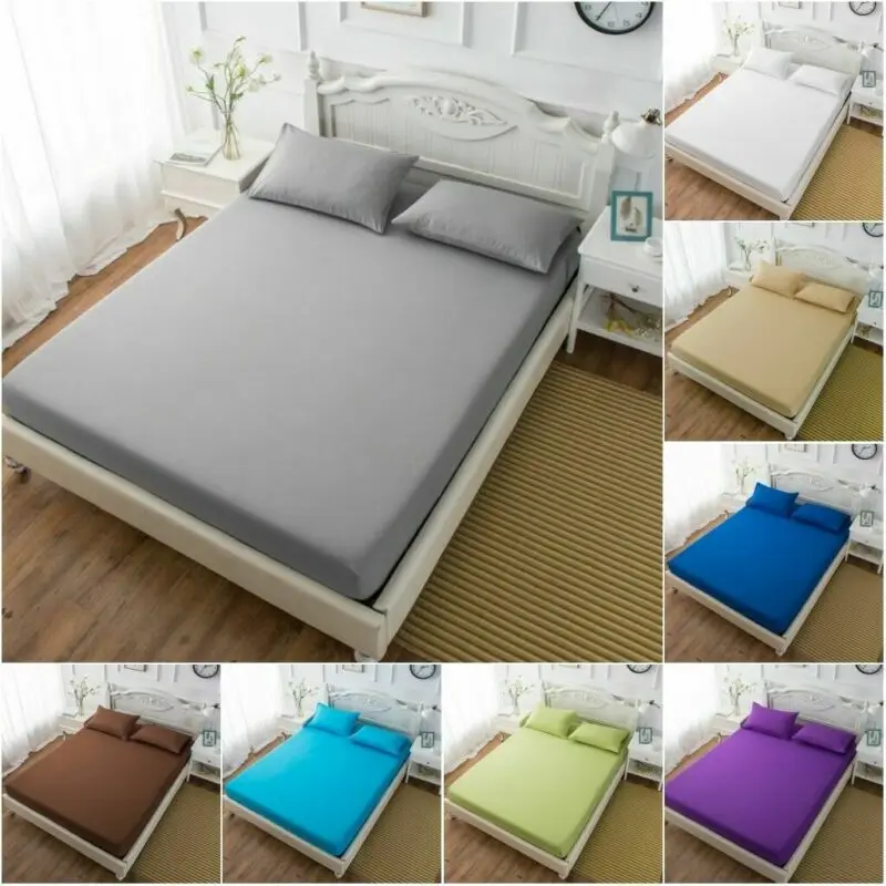 Bed Fitted Sheet Cotton Pillowcase Deep Pocket Solid Color Twin Full Queen King 