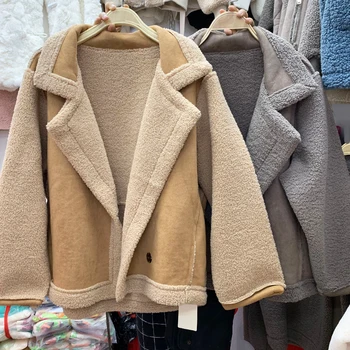 

Women Winter Lamb Wool Jacket Thick Suede Motobiker Locomotive Fashion Long Sleeve Coats Warm Streetwear OL Lady Loose Cothing