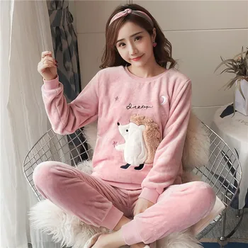 

Pyjamas Women Autumn Winter Warm Flannel Women Pyjamas Thick Coral Velvet Long Sleeve Cartoon Sleepwear Thin Flannel Pajama Set