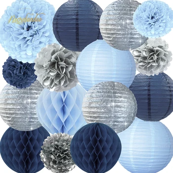 

NICROLANDEE 16Pcs Blue Silver Glitter Paper Lanterns Honeycomb Balls Pom Poms for Kids Birthday Bridal Shower Wedding DIY Decor