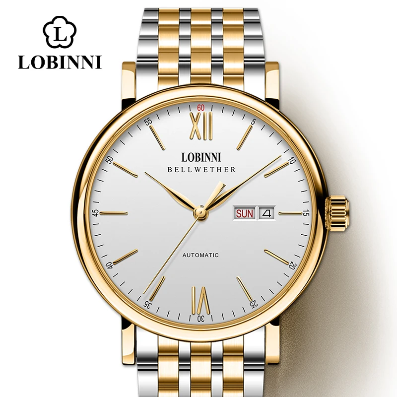 gold-white-steel LOBINNI часы для мужчин Япония Miyota автоматический механический Движение для мужчин t люксовый бренд Мужские часы Сапфир Водонепроницаемый relogio Мужской подарок - Цвет: gold-white-steel